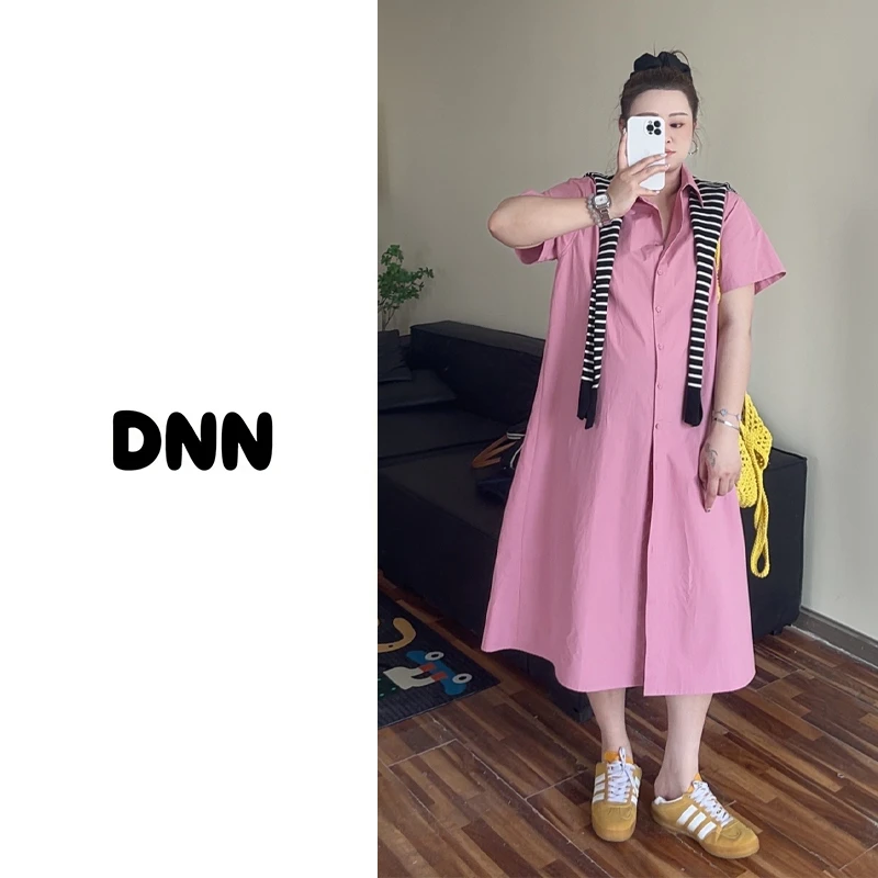 现货【大妮妮】大码 彩色卡片休闲少女气质显瘦衬衫连衣裙3012