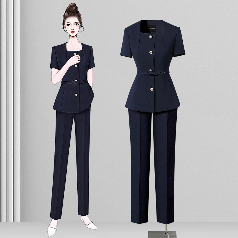 职业套装裙女夏短袖设计气质工装商务面试售楼部美容师工作服薄款