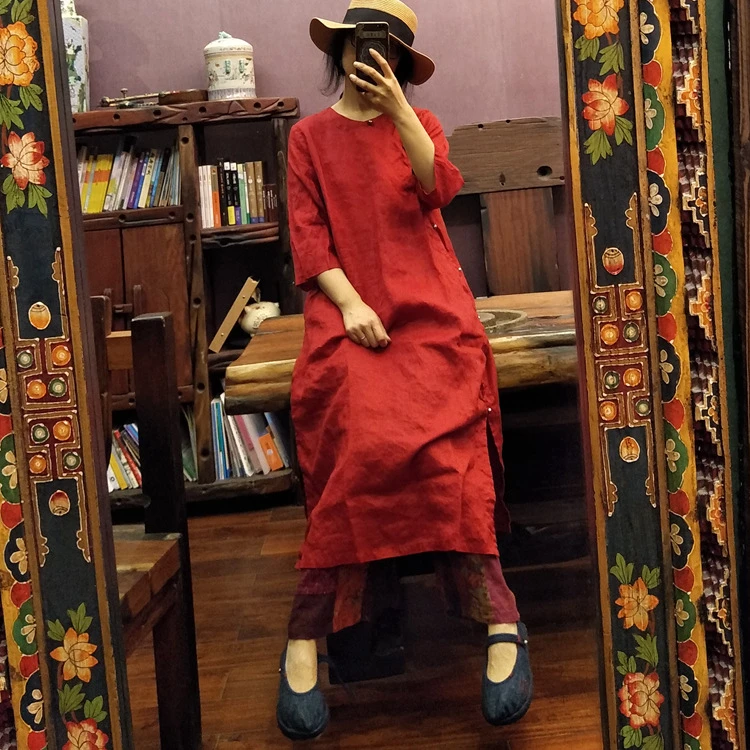 轻定制原创设计禅意亚麻袍子宽松改良旗袍七分袖连衣裙13041