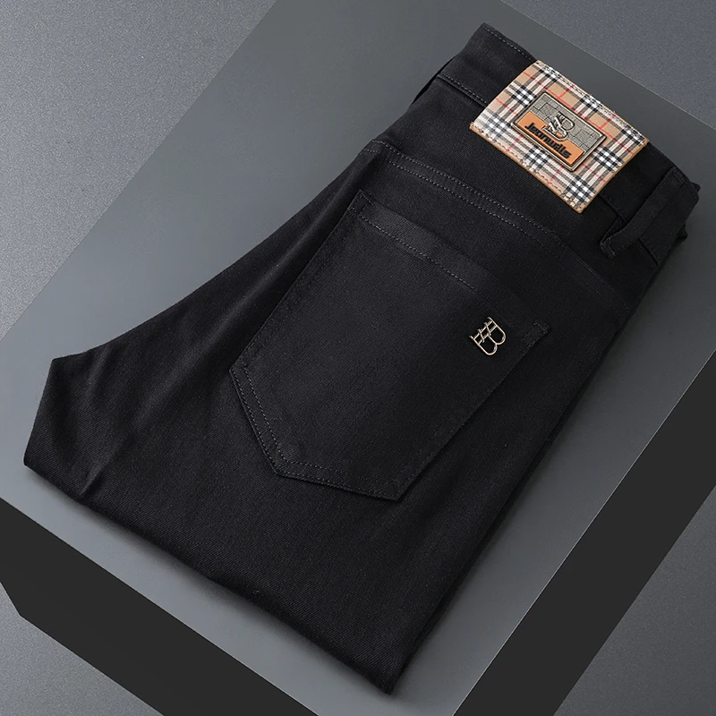 欧货高端三防黑色牛仔裤男秋冬加绒新款修身弹力小脚休闲加厚长裤