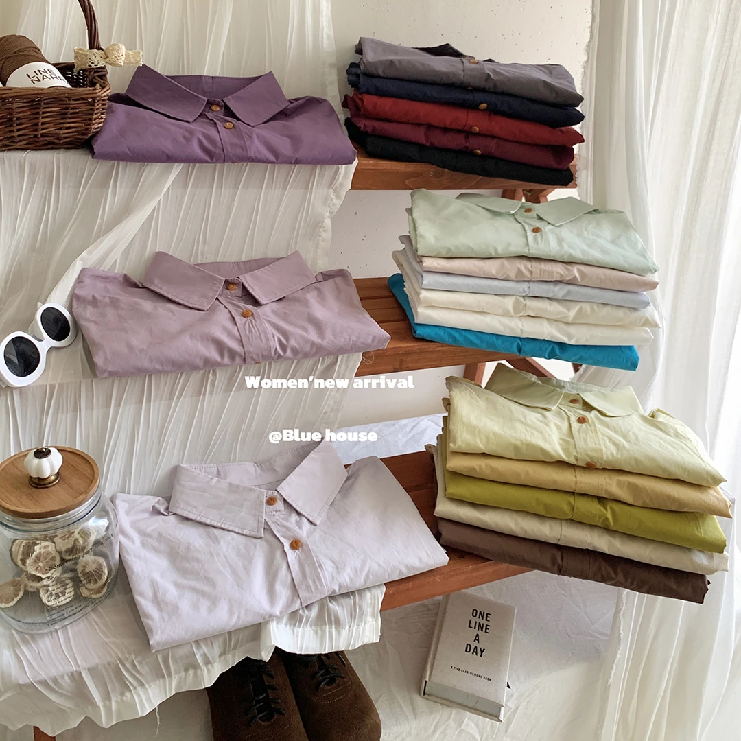 基础系韩国王炸色系长袖方领净版衬衫女秋内搭外叠穿休闲气质衬衣