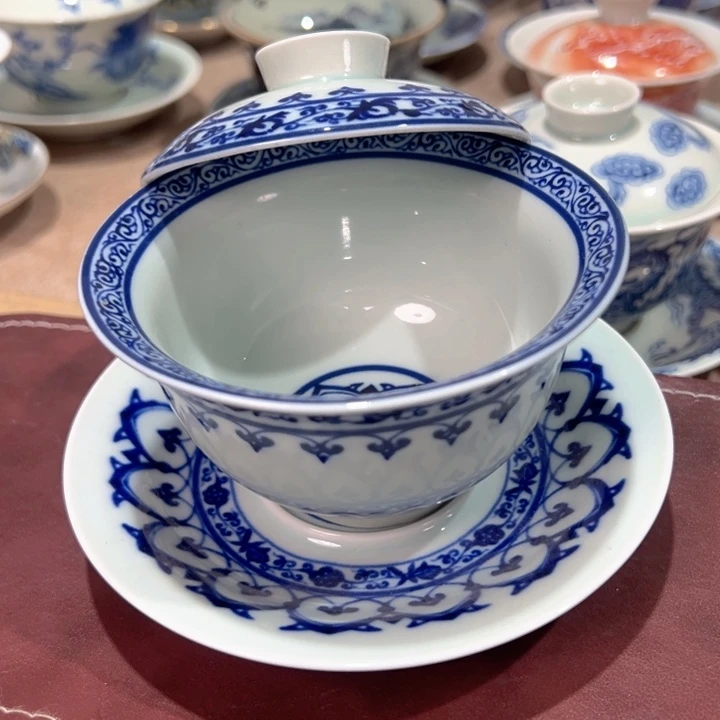 瓷片白青花宝相元宝盖碗全品