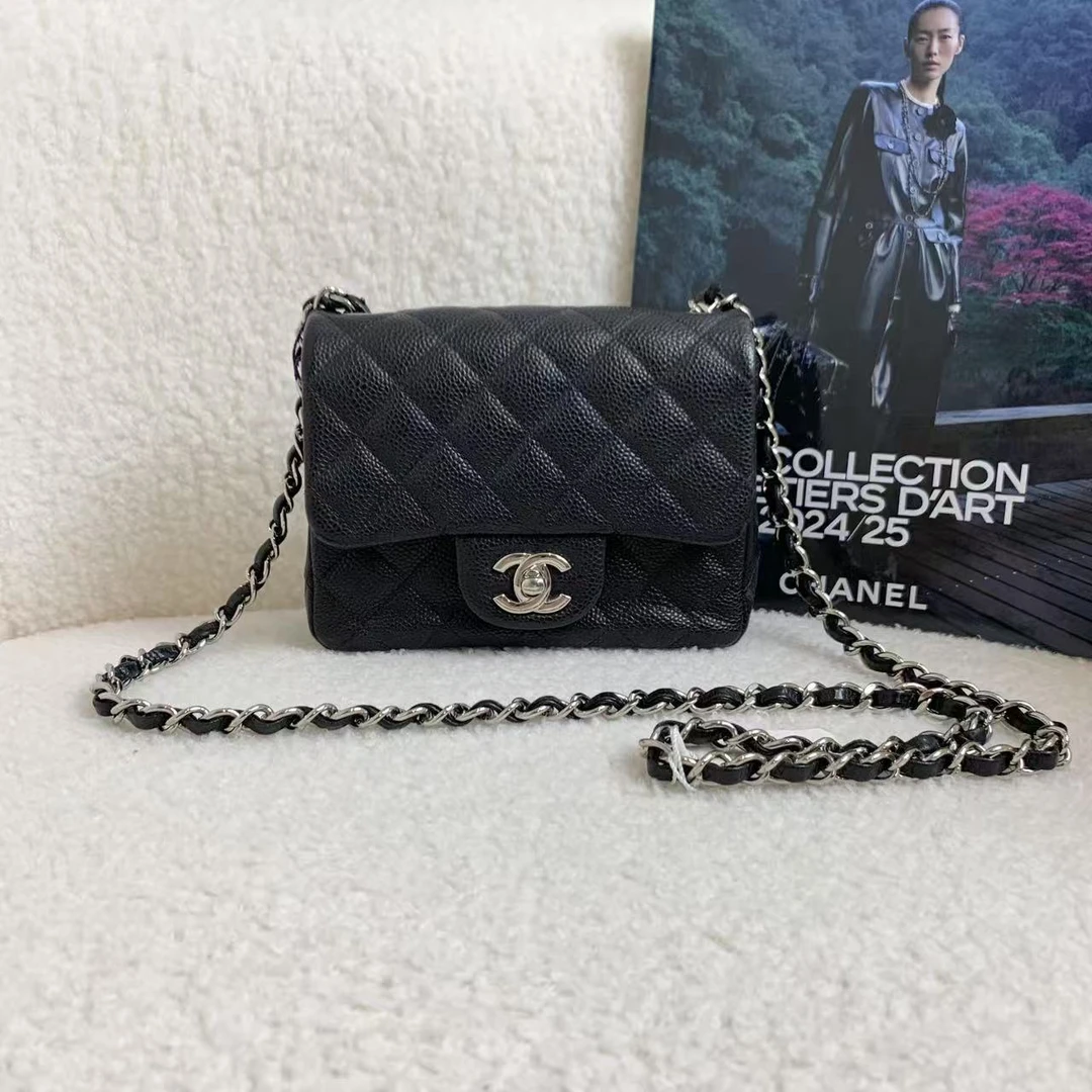 99新 Chanel/香奈儿 壹臻/黑银荔枝牛皮方胖子20开14421017