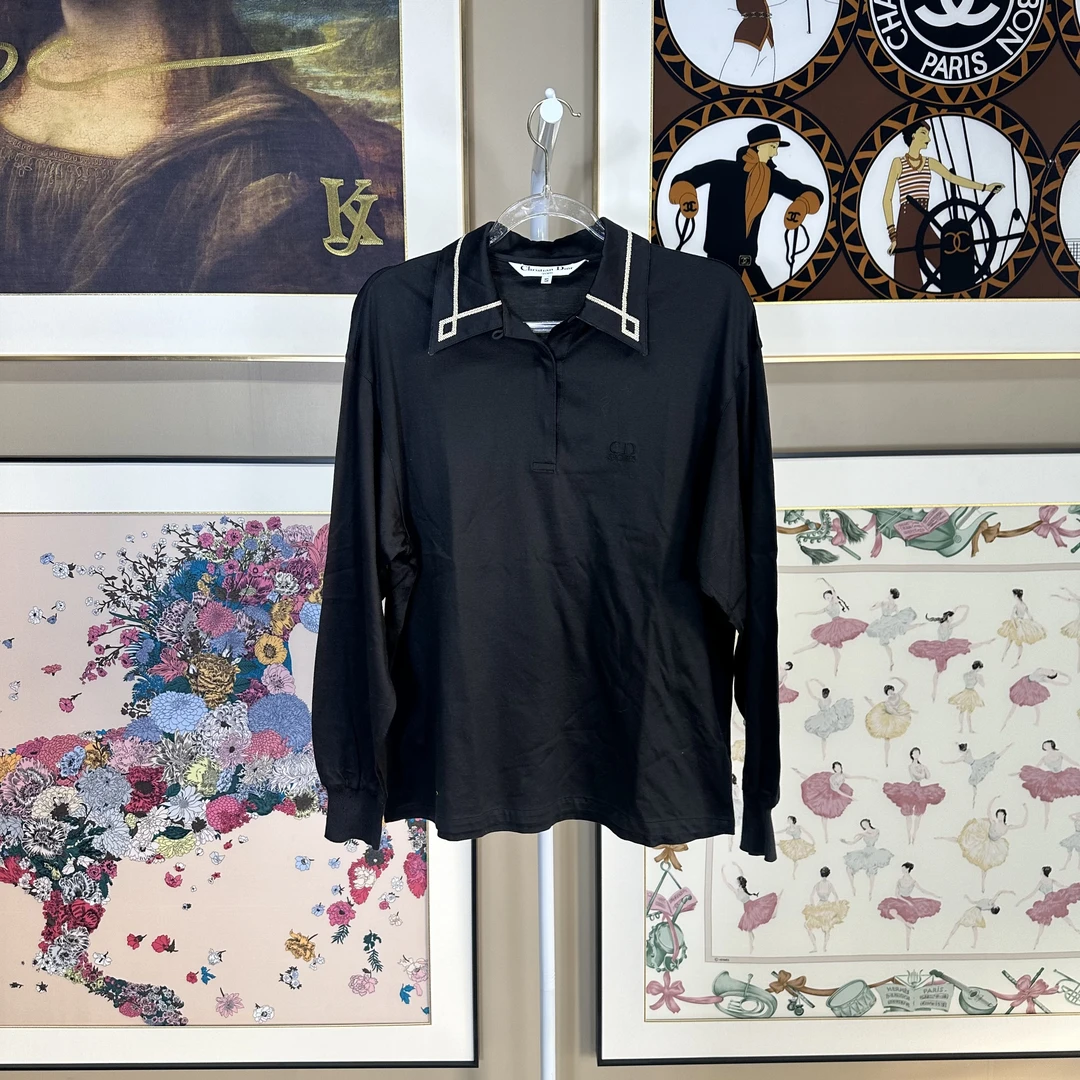 95新 DIOR/迪奥 长袖刺绣polo黑色气质翻领时尚休闲上衣/fy4310