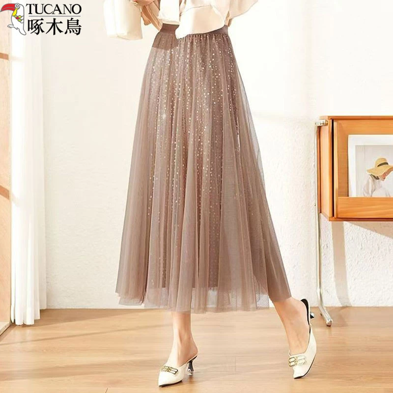 TUCANO/啄木鳥网纱亮片半身裙女2025新款春季高腰显瘦时尚百褶裙