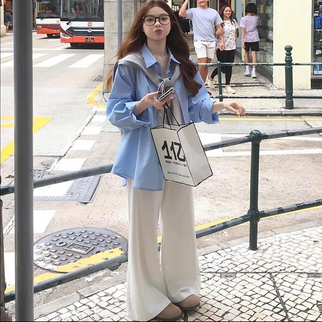 韩系穿搭学院风披肩长袖衬衫+阔腿裤三件套