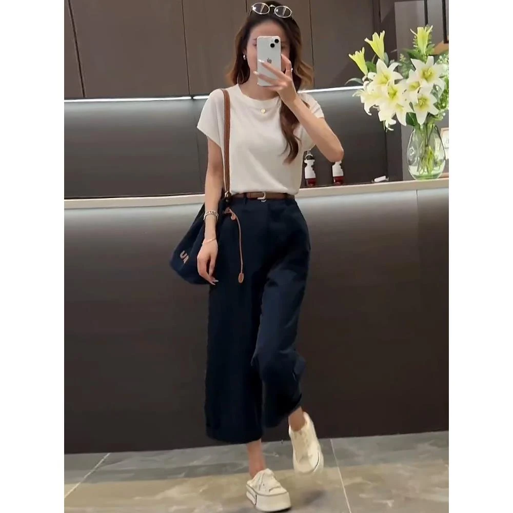 夏季穿搭一整套2025新款小个子时尚百搭短袖T恤上衣阔腿裤两件套