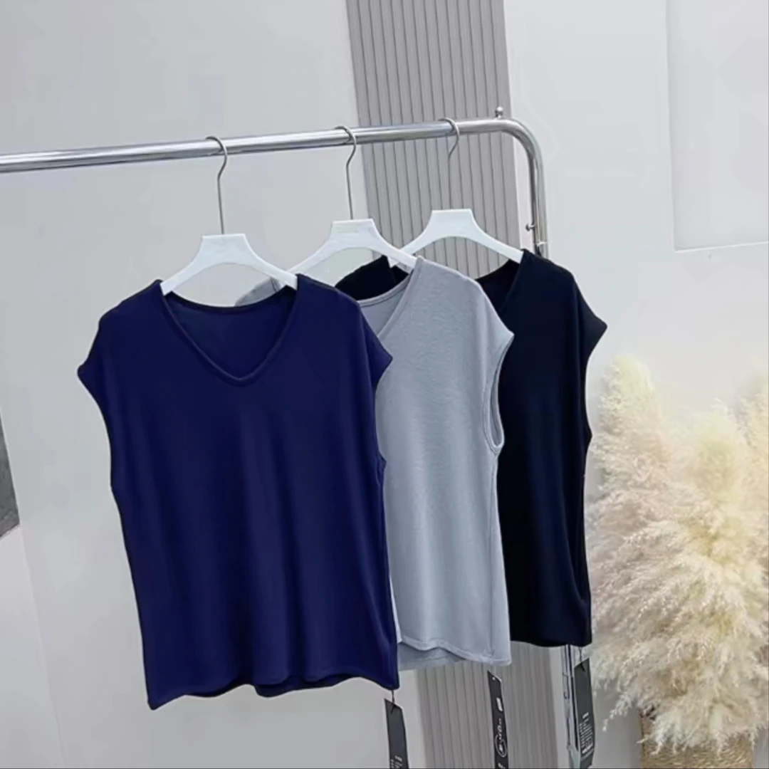 【淼淼】大码女装夏季新款V领净版修身显瘦百搭坎袖上衣24313