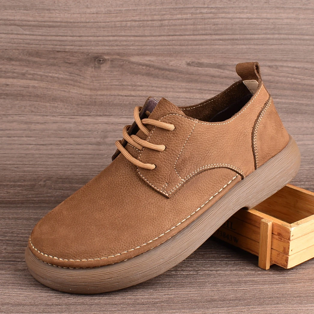 2025爆新款休闲皮鞋头层牛皮磨砂皮软皮软底圆头系带复古男鞋真皮