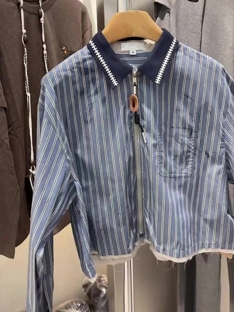 复古风时髦小众设计感短款蓝色衬衫秋季新款百搭休闲翻领洋气上衣