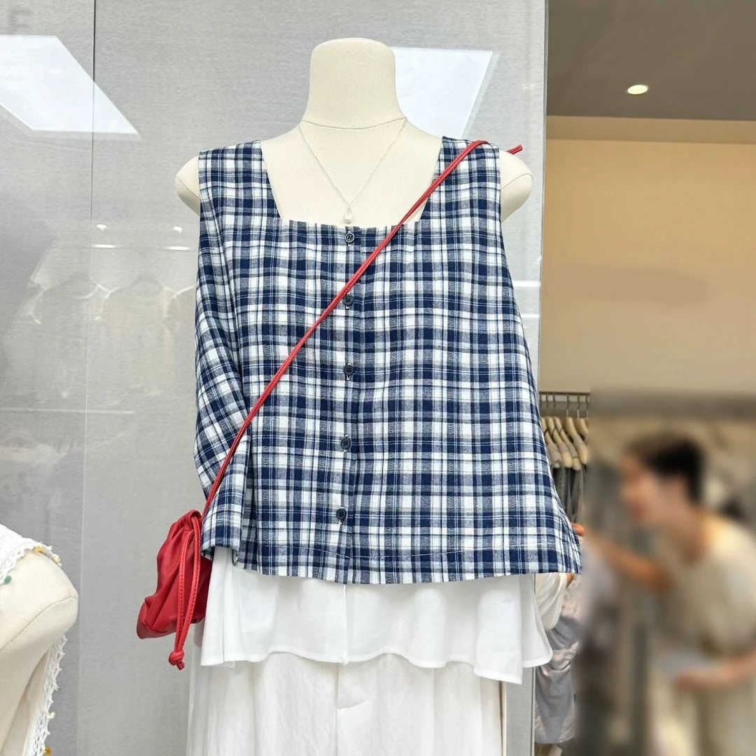 2025夏季韩系温柔方领套头宽松格子撞色拼接假两件无袖背心上衣女
