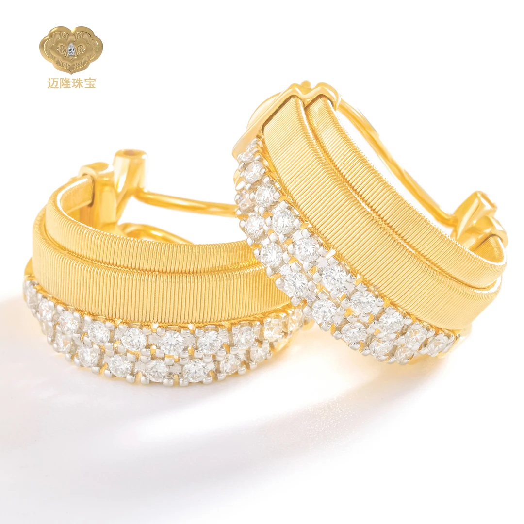 迈隆珠宝⽿饰气质网红意大利设计款简约纯手工软绕丝两排钻石耳环