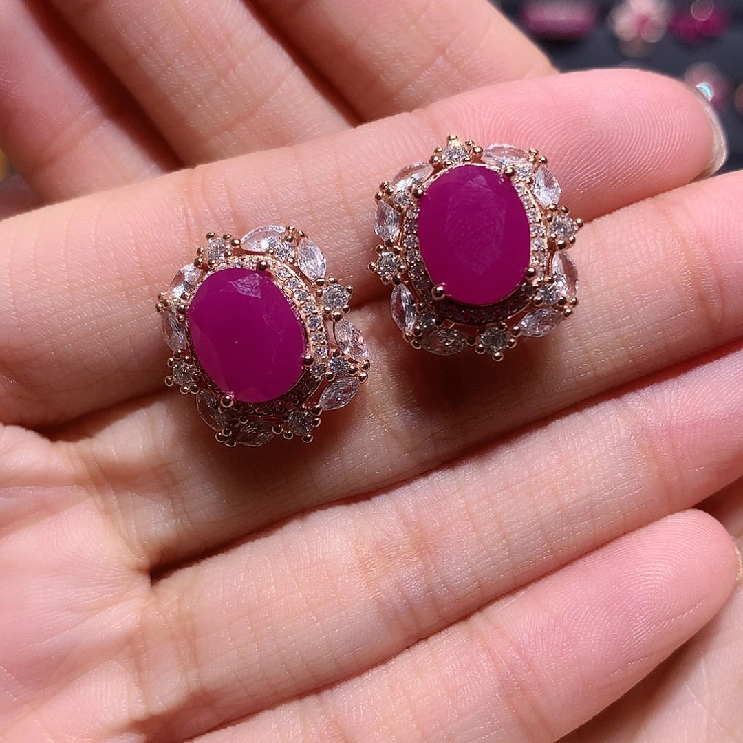 红宝石耳饰银S925镶嵌
