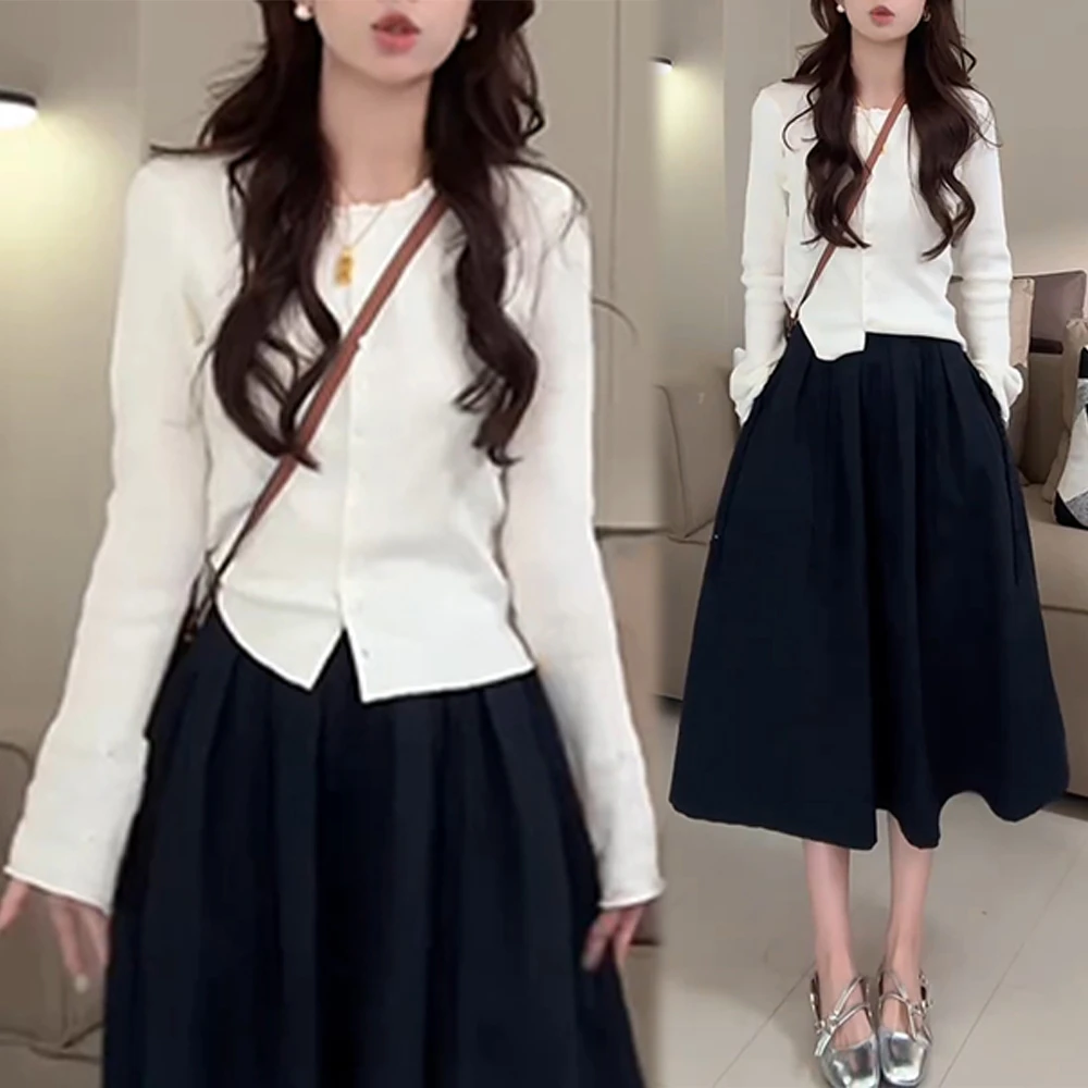 气质温柔风时尚套装女生2025秋季新款洋气减龄上衣搭半身裙两件套