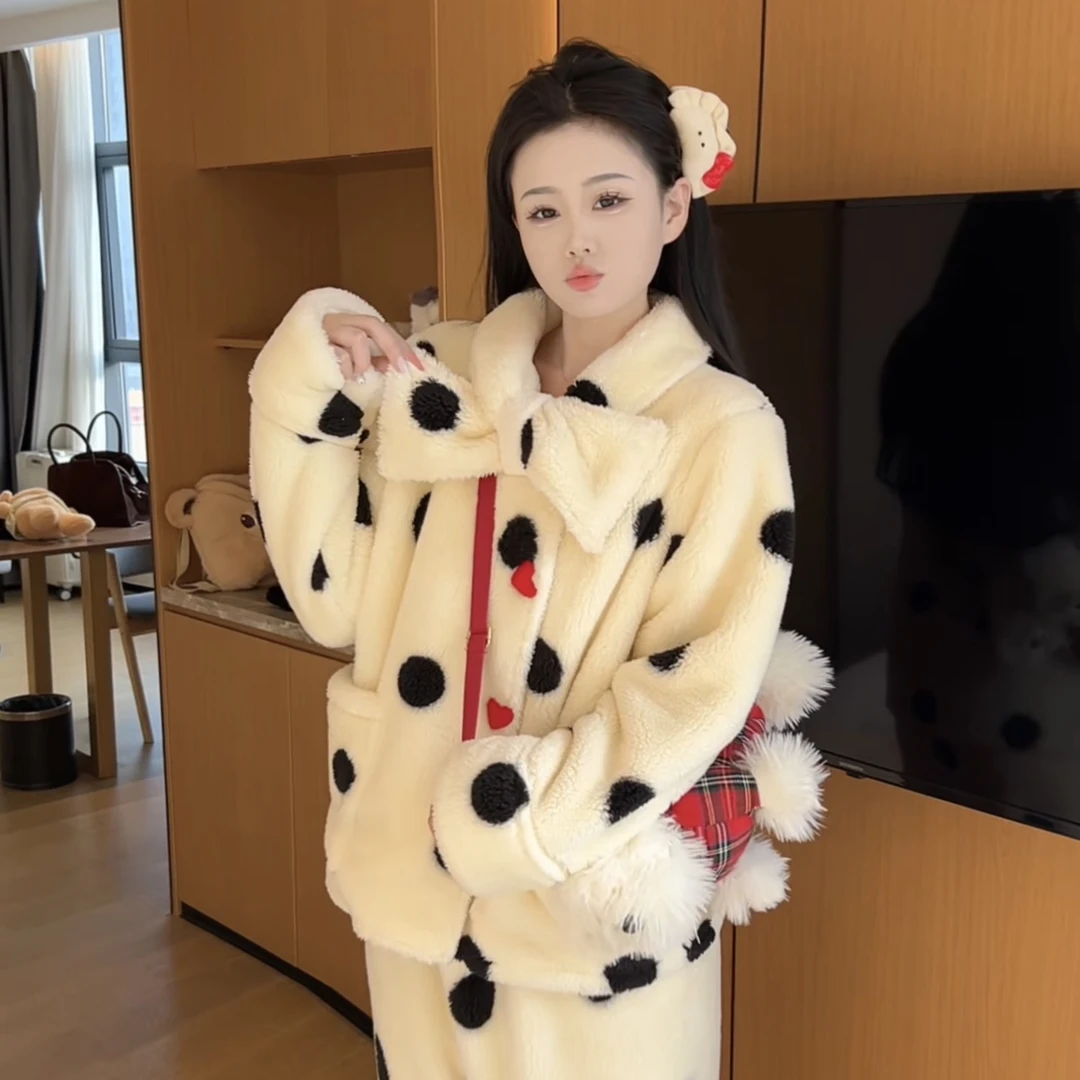 （爱心波波）冬季加厚波点加绒保暖睡衣女可爱休闲宽松家居服套装
