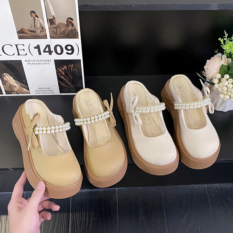 厚底珍珠蝴蝶结超火一脚蹬玛丽珍包头半拖鞋女春夏季外穿2025新款