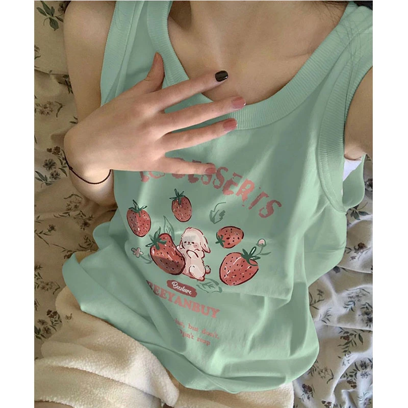 学院风可爱草莓小兔印花纯棉吊带背心女外穿小个子宽松无袖上衣夏