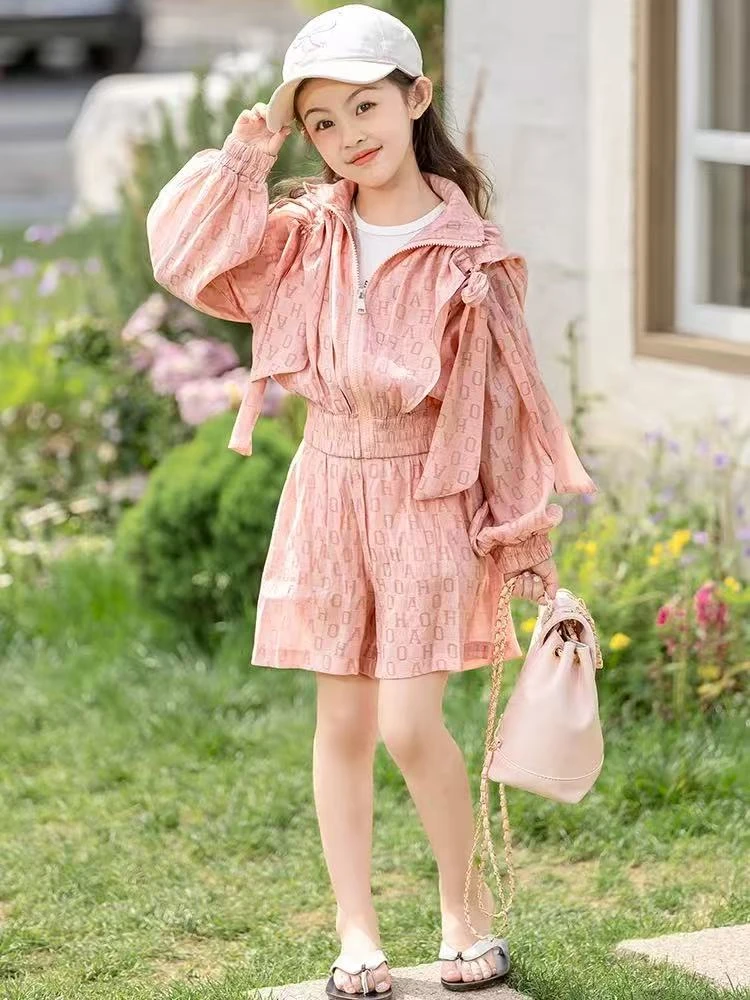 夏款粉【-字母外套防晒衣-长袖套装】2025儿童套装洋气套装