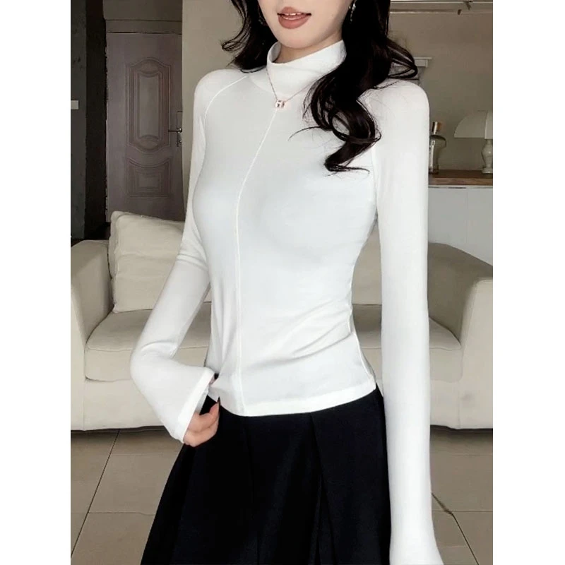 2025年拼缝立领螺纹长袖T恤女秋季新款纯色修身显瘦时尚打底上衣