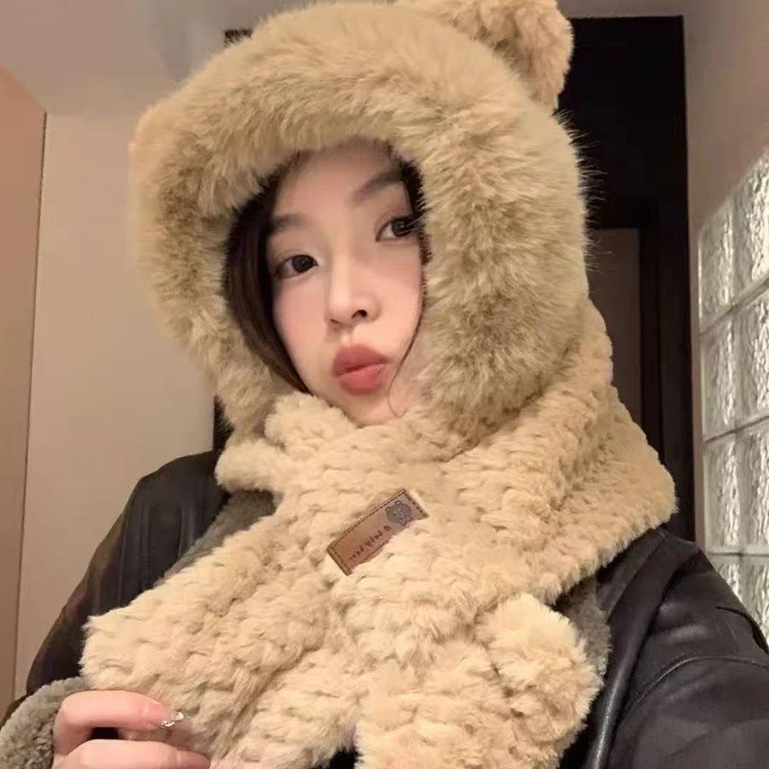 粉丝福利百搭小熊帽子围巾一体女秋冬季骑行防寒保暖护耳可爱帽