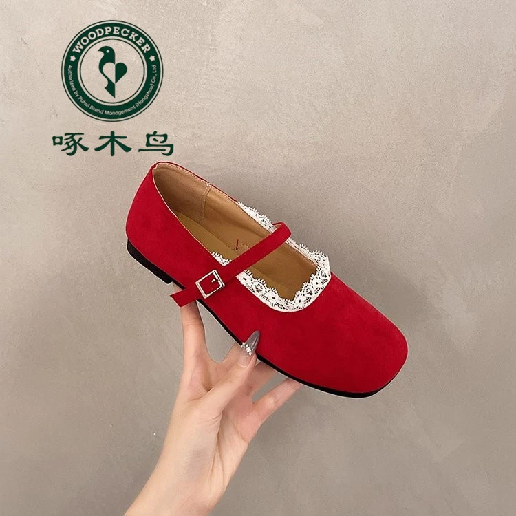 啄木鸟平底方头法式蕾丝浅口单鞋粗跟玛丽珍皮鞋复古平底豆豆鞋子