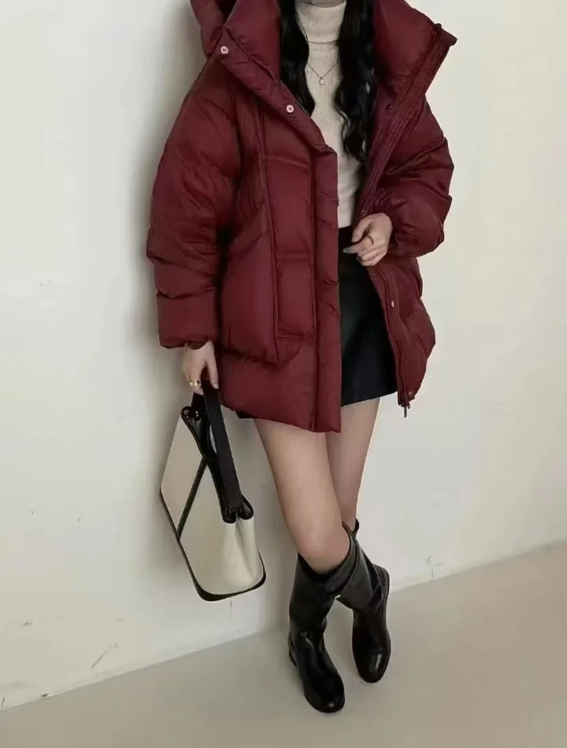 泡芙羽绒服女2024冬季中长款新款连帽加厚白鸭绒保暖宽松外套A57