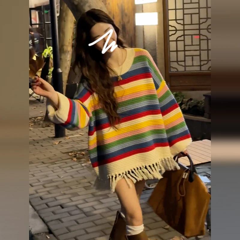 多巴胺彩虹条纹彩色流苏超好看毛衣外穿女秋冬宽松罩衫女款外穿