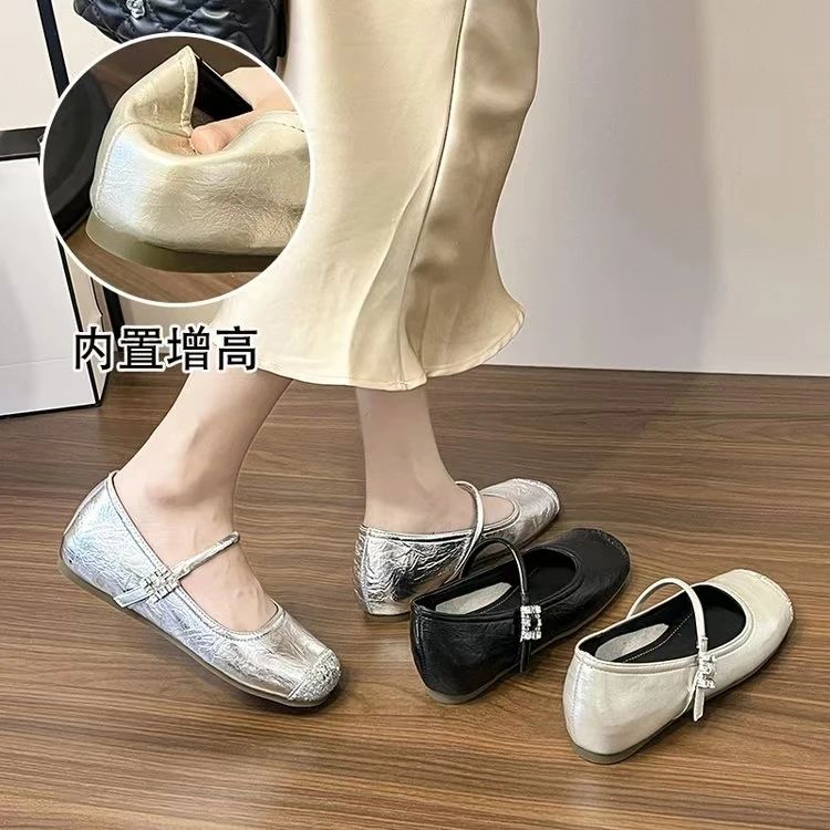 内增高单鞋夏季新款法式纯色方头低跟皮鞋夏季复古浅口增高【S】