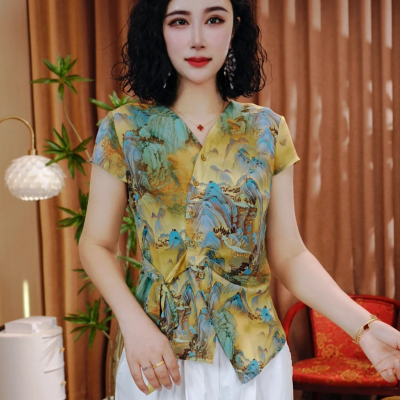 2025山水画夏季新款休闲洋气短袖气质百搭V领显瘦开衫扣上衣小衫