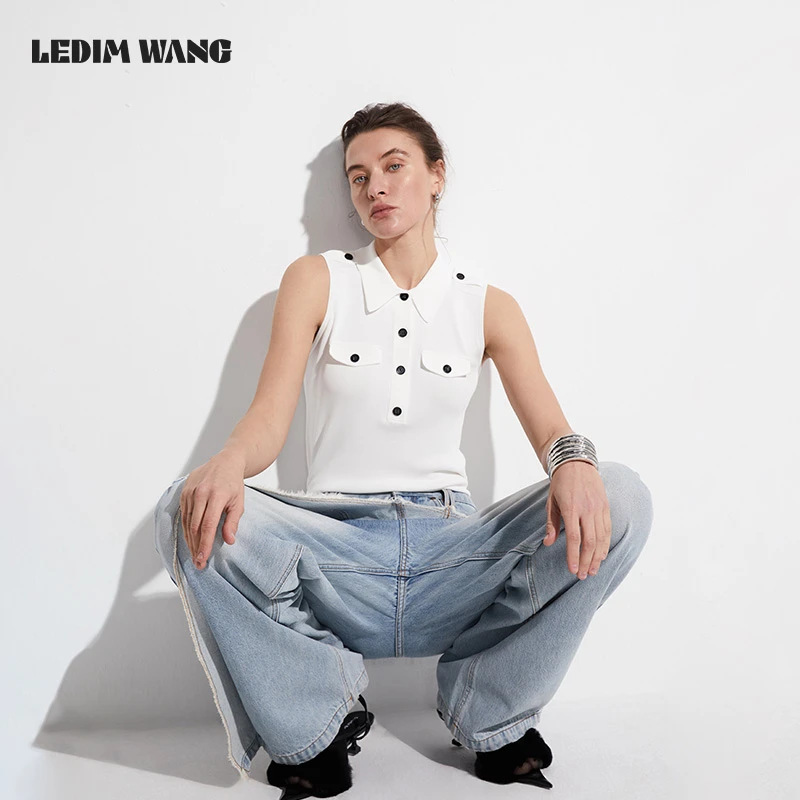 LEDIM WANG【淡人】工装风白色POLO针织衫女设计感修身无袖上衣