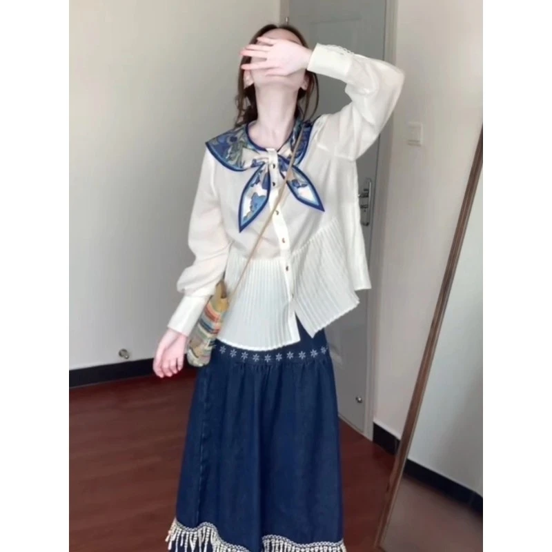 法式复古海军领长袖衬衫设计感不撞款时尚上衣搭蓝色半身裙两件套