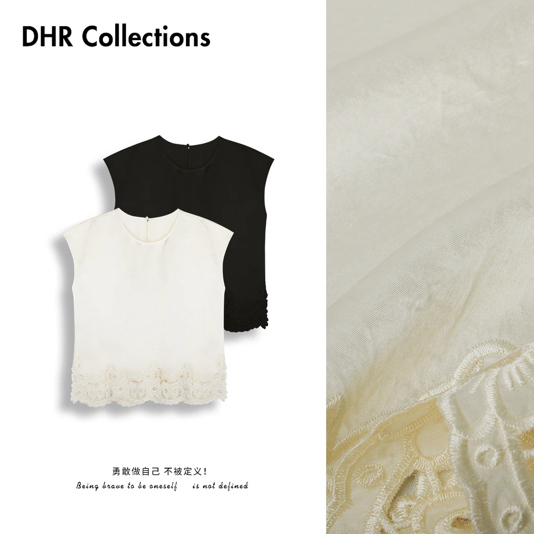 豆豆7 【波浪钩花T】100%醋酸凉感显瘦T恤时尚百搭刺绣上衣-DX1519