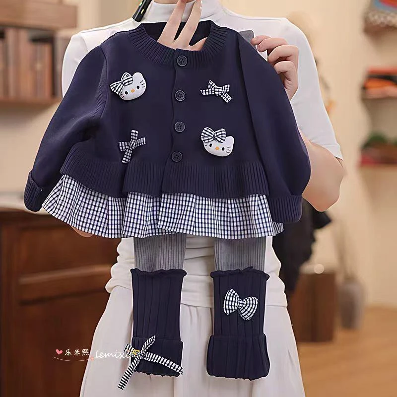 女童针织春秋2025新款儿童秋装女孩蝴蝶结宝宝毛衣开衫卡通外套