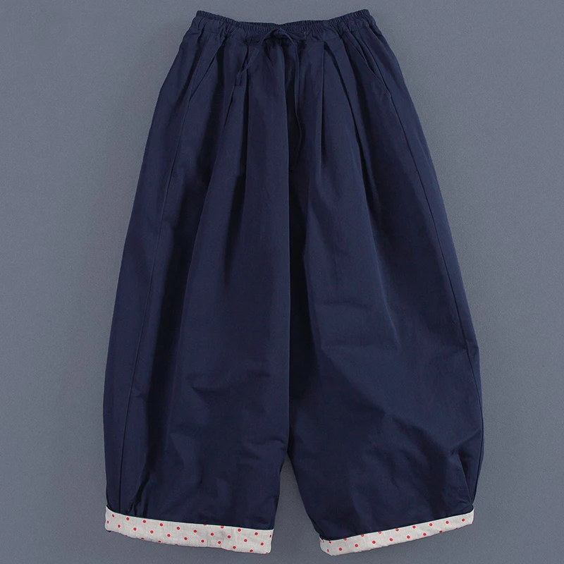 宽松百搭靛青色休闲裤高密棉撞色波点松紧腰阔腿棉裤女式2025秋冬