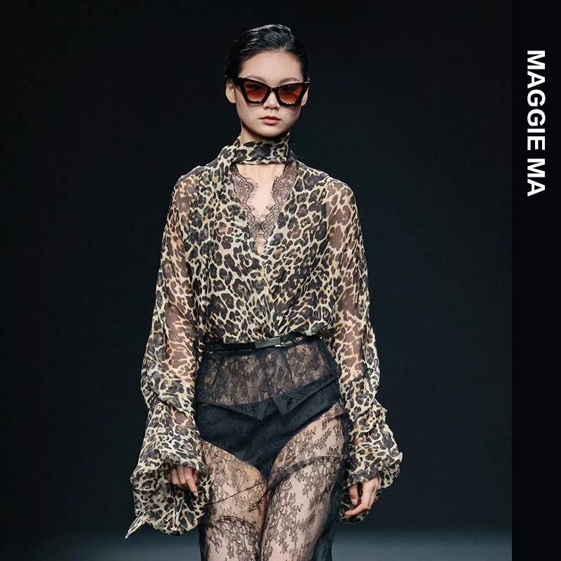 MAGGIE MA马婧设计师款春夏轻熟御姐风气质复古豹纹长袖衬衫150S