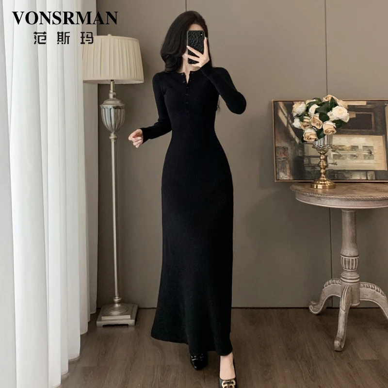 黑色针织连衣裙女2025秋冬新款高级感时尚收腰显瘦气质内搭长裙潮