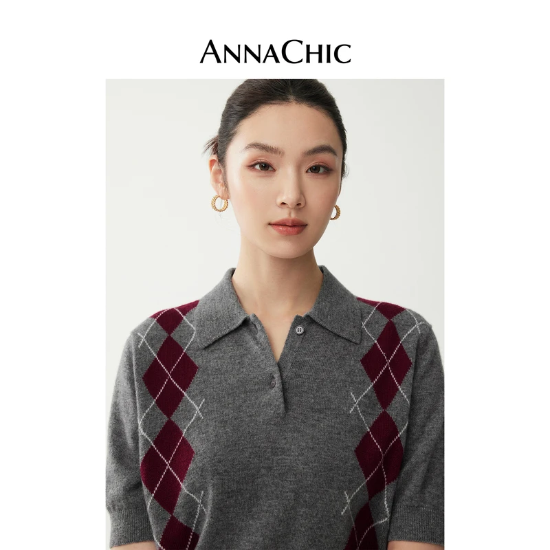 ANNACHIC费尔岛灰色菱格毛衣女春季新款打底衫设计感休闲短袖上衣