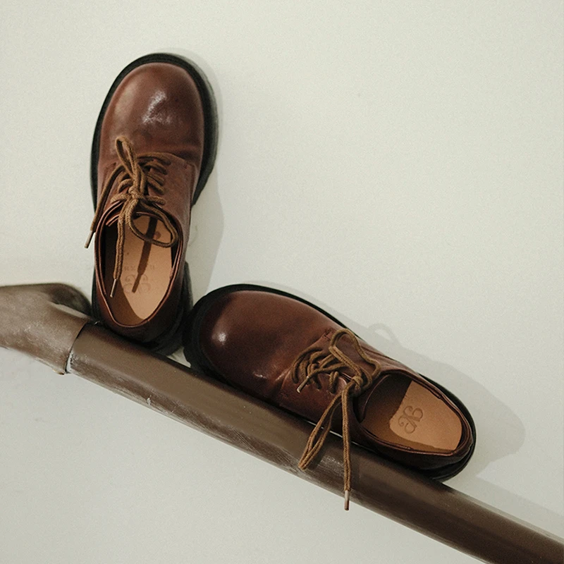 小个子增高5cm~厚底甜酷设计感小皮鞋圆头马皮德比乐福鞋深口单鞋