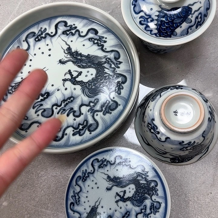 瓷片青花鱼化龙4件套景德镇