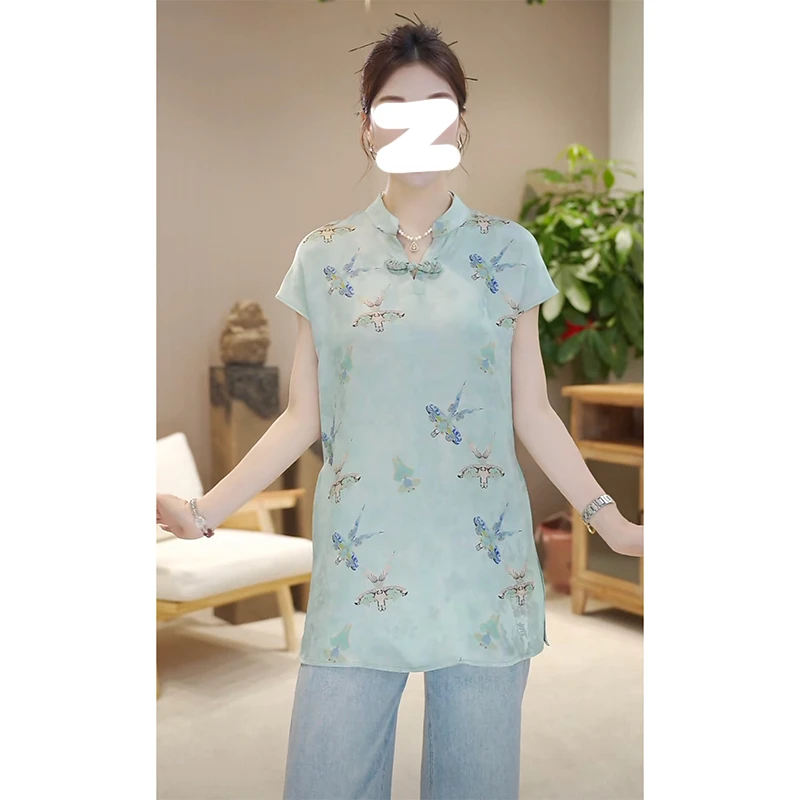 国风设计感V领盘扣旗袍衫夏季薄款新中式纸鸢E宽松百搭斜襟女小衫