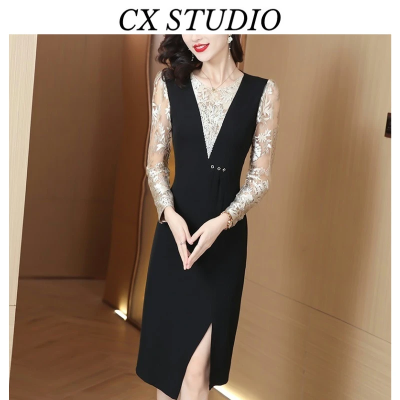 连衣裙女长袖春装新款高端气质修身绣花包臀裙子S8640