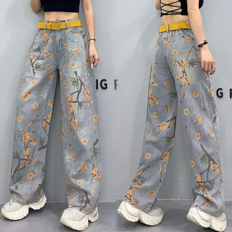 彩绘阔腿牛仔裤女2025春季新款高腰设计小众直筒休闲拖地裤-8050