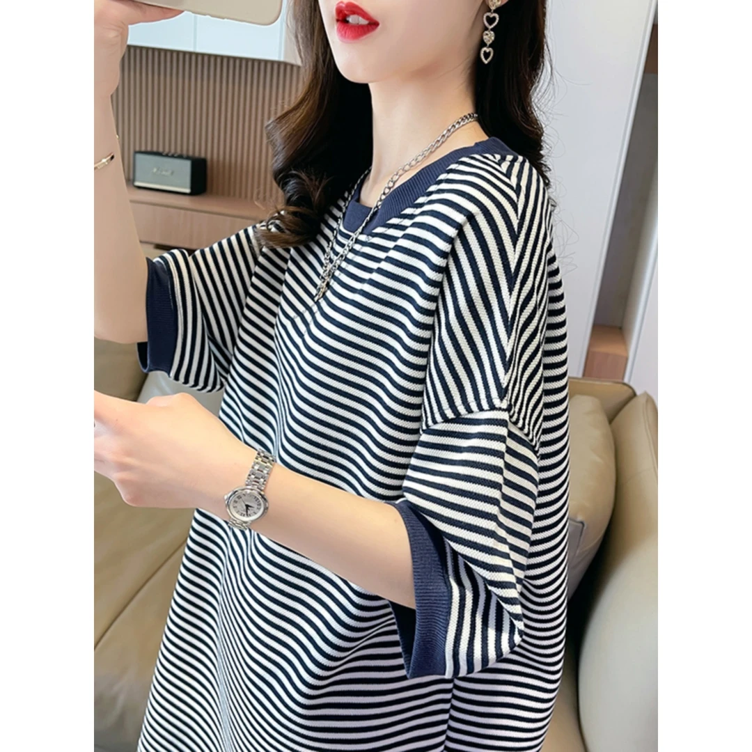 女装条纹短袖T恤女夏装2025新款宽松中长款遮屁股洋气上衣潮
