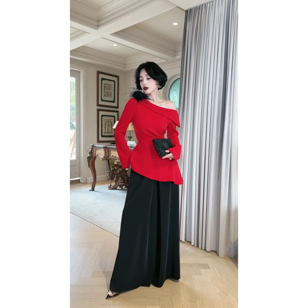 LYXJ【佩特拉玫瑰】夏款双色斜肩显瘦上衣10861