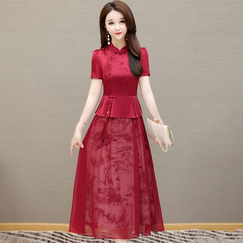 连衣裙旗袍显瘦气质时尚夏季修身高贵洋气红色婚宴收腰中长款裙子