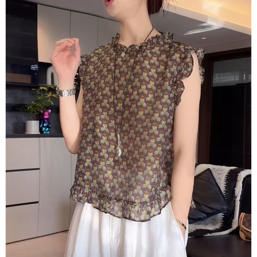 女木耳女装成人气质无袖碎花法式上衣衬衫夏季洋气