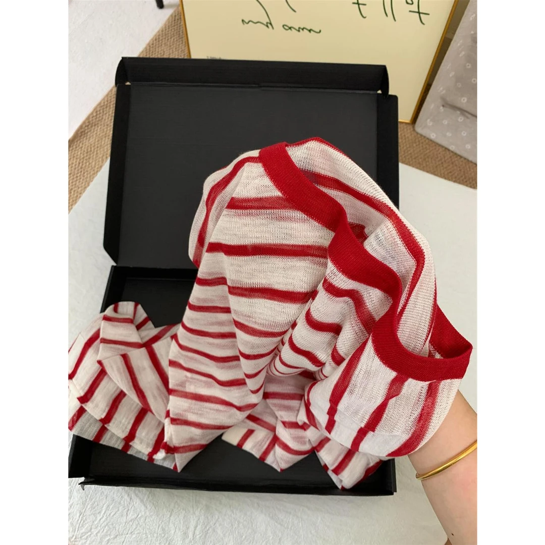 叠穿单搭都很美！亲肤透气条纹针织衫t恤女秋冬薄款套头慵懒风上衣