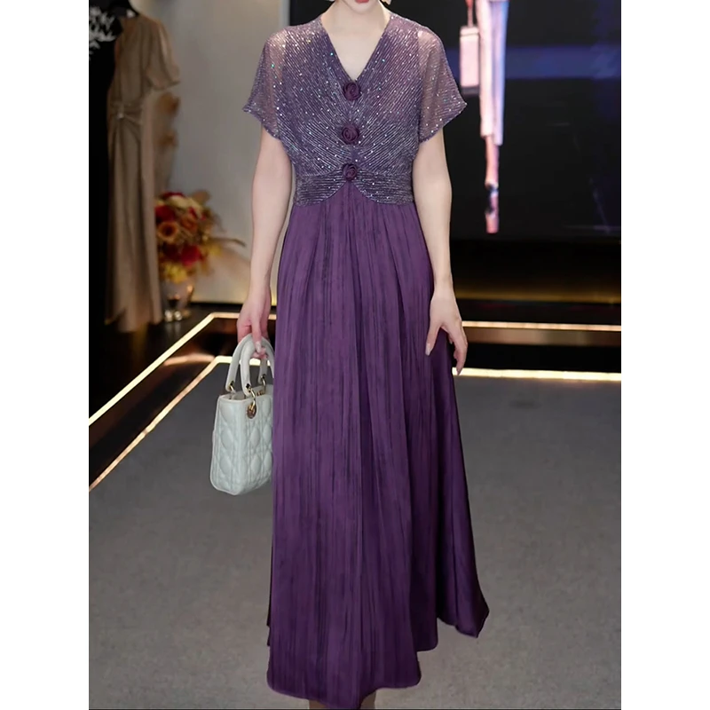 轻奢小香风拼接设计A字裙女2025夏季新款御姐范洋气V领显瘦连衣裙