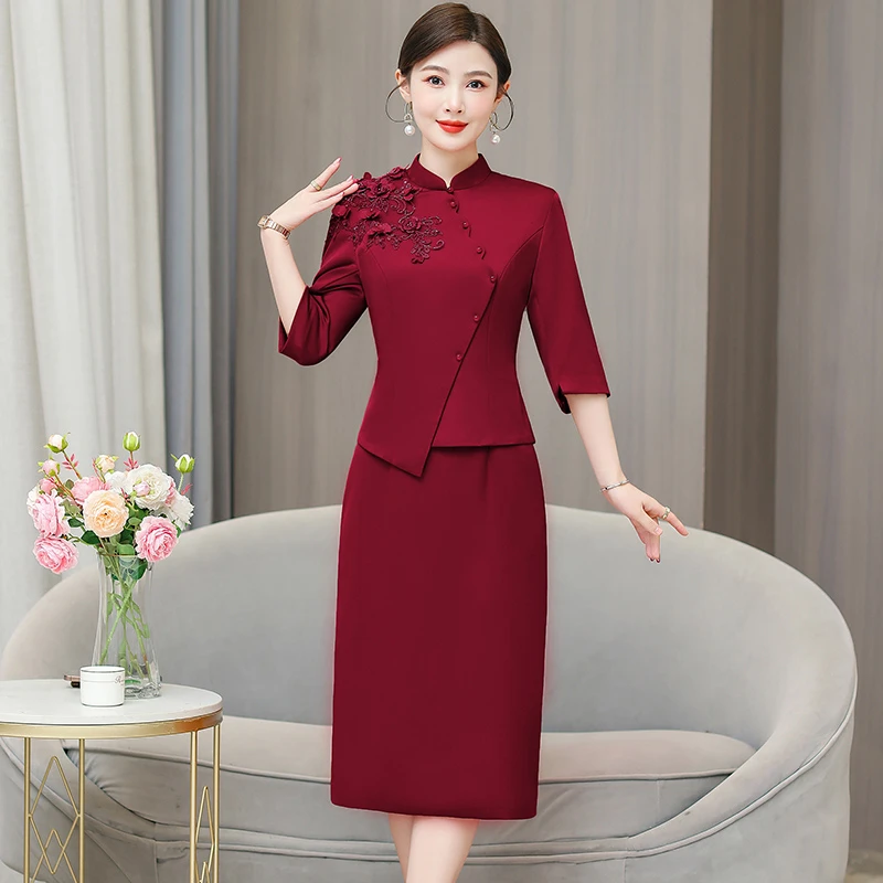 喜婆婆红色连衣裙2025新款春夏秋中长款修身显瘦婚宴礼服妈妈裙子