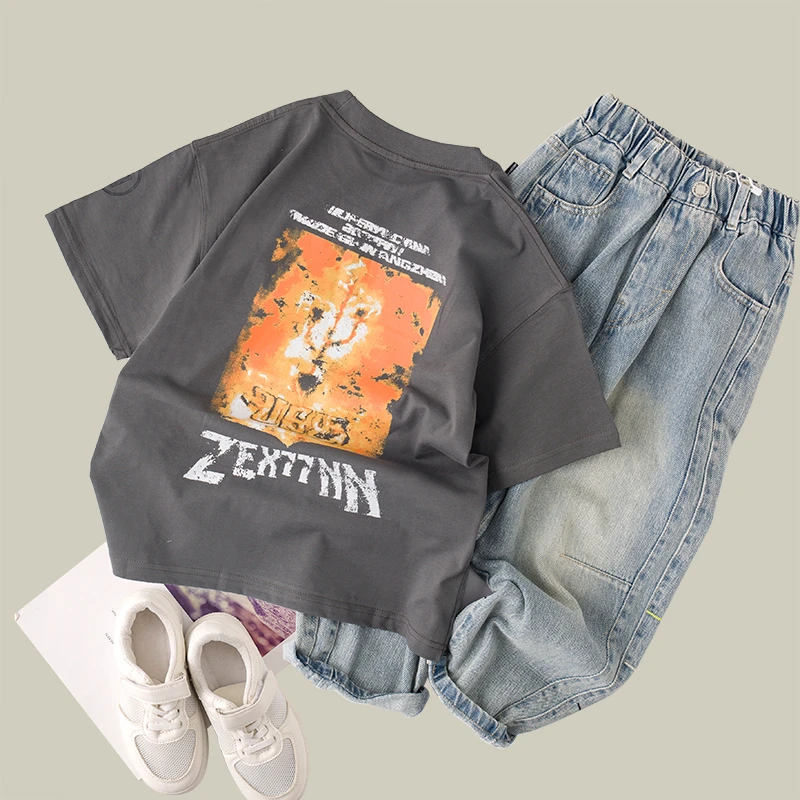 吴小越w1083男童夏款短袖圆领数码印花韩版棉t恤中大童儿童上衣